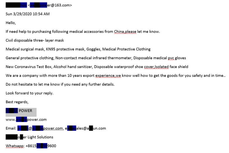 COVID-19 phishing email example about fake medical supplies