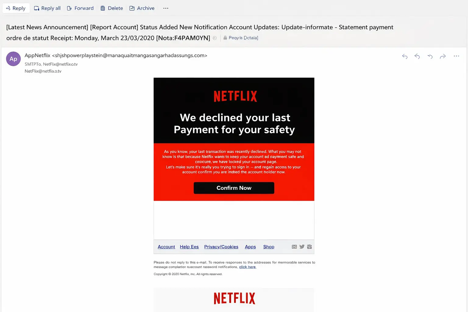 Coronavirus phishing email example
